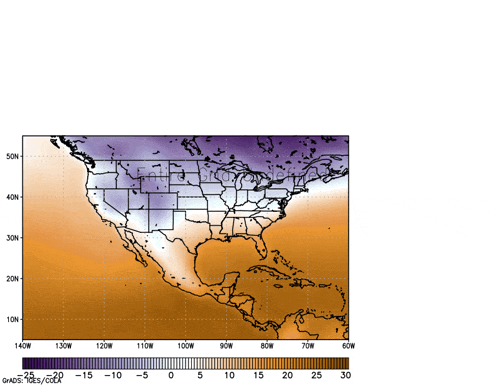 a map of the united states showing a temperature range of -15 to 30 degrees