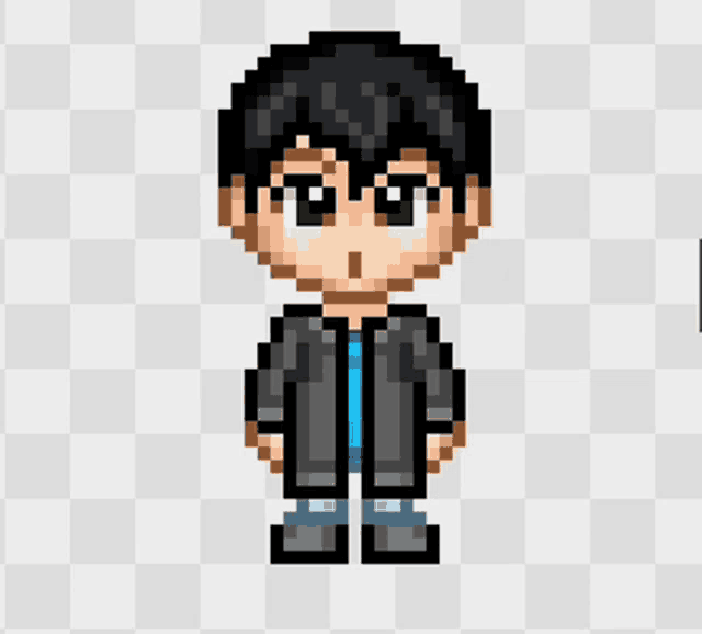 a pixel art drawing of a boy with black hair and a blue shirt