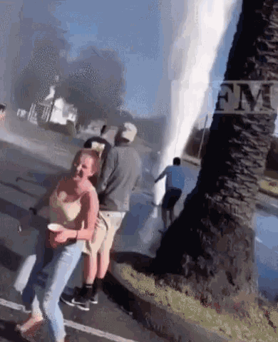 a group of people are standing on the side of the road watching a waterfall coming out of a tree .