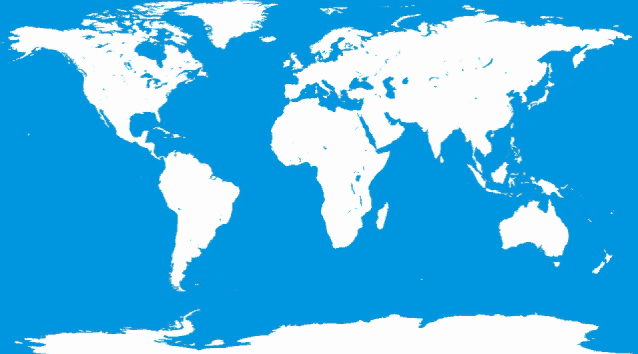 a white map of the world on a bright blue background