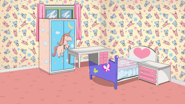 a girl 's bedroom with a unicorn on the wardrobe