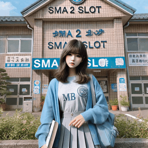 a girl stands in front of the sma 2 slot building