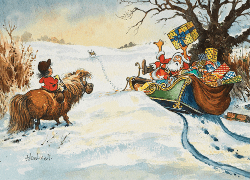 a painting of a pony pulling a sleigh with santa and his reindeer in it