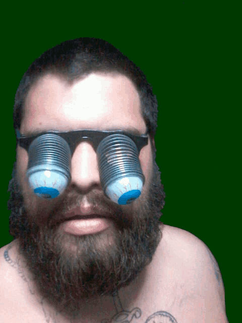 a man with a beard is wearing a pair of sunglasses that look like eyes