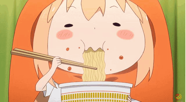 a girl eating noodles with chopsticks from a cup