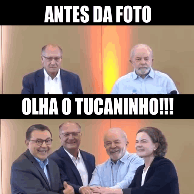 a group of people shaking hands with a caption that says antes da foto olha o tucaninho