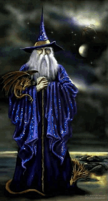 a painting of a wizard with a dragon and a cane