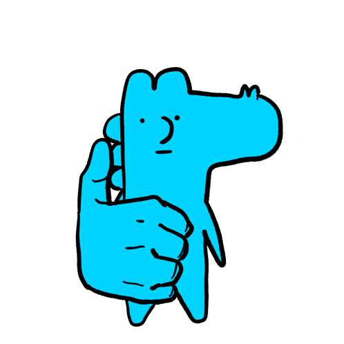 a cartoon drawing of a blue frog with a thumbs up