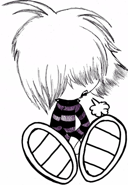 a black and white drawing of a person with purple hair and striped pants