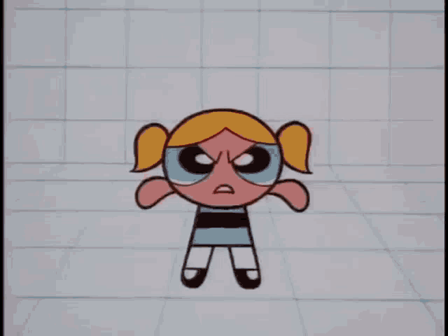 bubbles from the powerpuff girls is angry and standing in front of a fire .