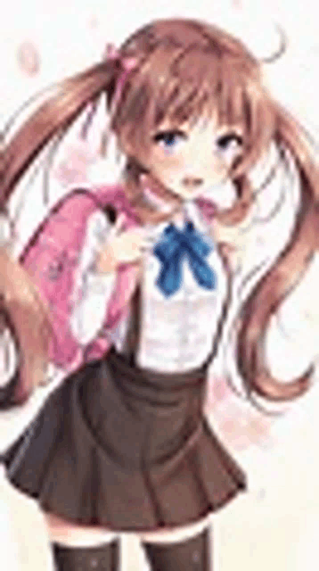 a girl with pigtails is wearing a school uniform and a backpack .