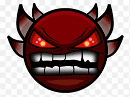 a red devil smiley face with red eyes and horns on a checkered background .