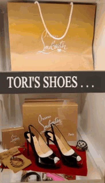 a display of tori 's shoes with a louis vuitton bag behind it