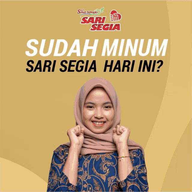 a woman wearing a hijab stands in front of a yellow background with the words sudah minum sari segia hari ini on it