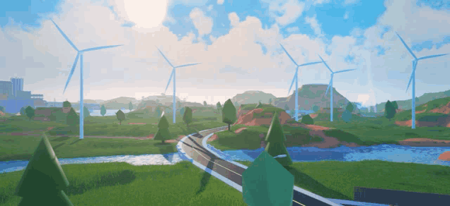 a video game scene with wind turbines and a river