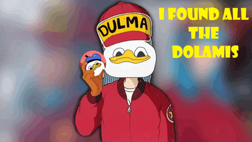 a cartoon character wearing a red jacket and a hat that says " dulma "