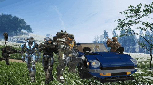 a group of soldiers standing next to a blue car in a field