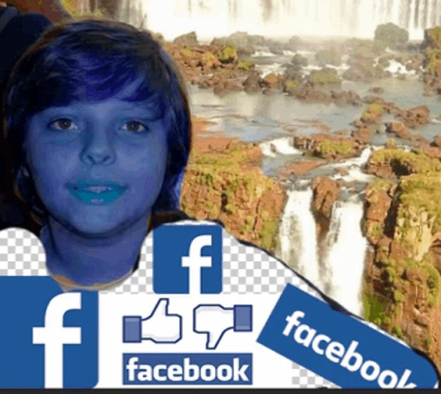 a boy with blue hair is surrounded by facebook logos and a waterfall