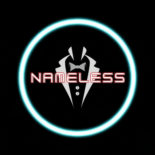 a logo for a company called nameless with a tuxedo and bow tie in a glowing circle .