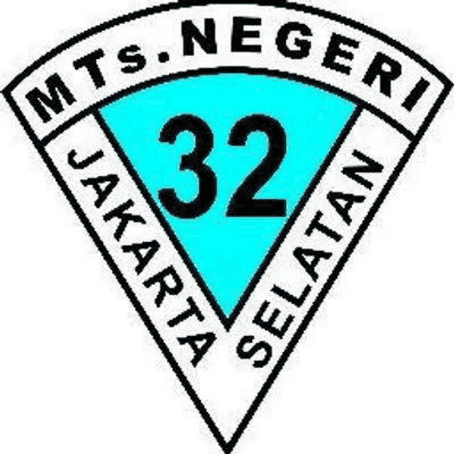 the logo for mts negeri jakarta selatan is a blue triangle with the number 32 inside of it .