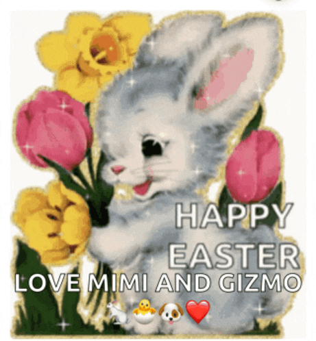 a bunny holding a bouquet of flowers with the words happy easter love mimi and gizmo