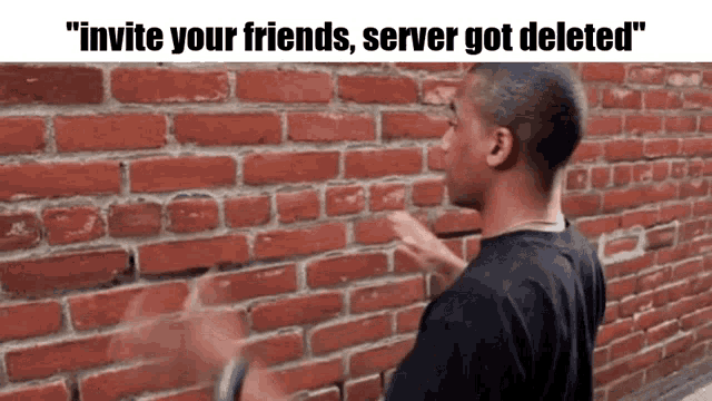 a man standing in front of a brick wall with the words " invite your friends server got deleted "