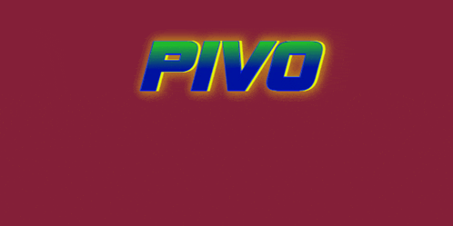 a red background with the word pivo in blue and green letters