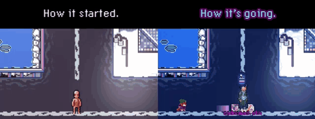 a screenshot of a video game with the words how it started and how it 's going