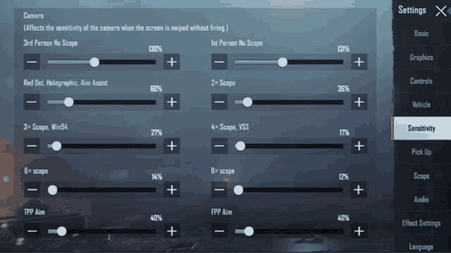 a screenshot of a video game settings screen shows the sensitivity of the camera when the screen is swiped without firing