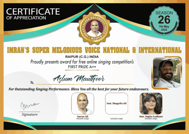 imran 's super melodious voice national & international certificate of appreciation