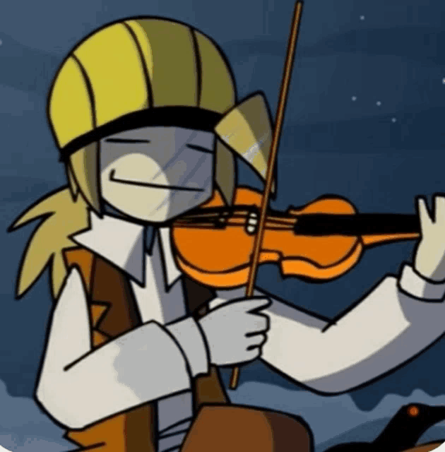 a cartoon of a man playing a violin with a yellow hat on