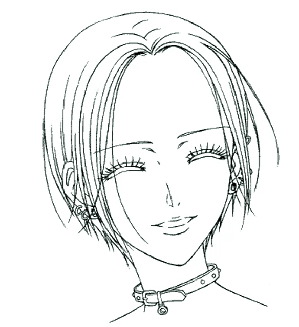 a black and white drawing of a woman wearing a choker and earrings