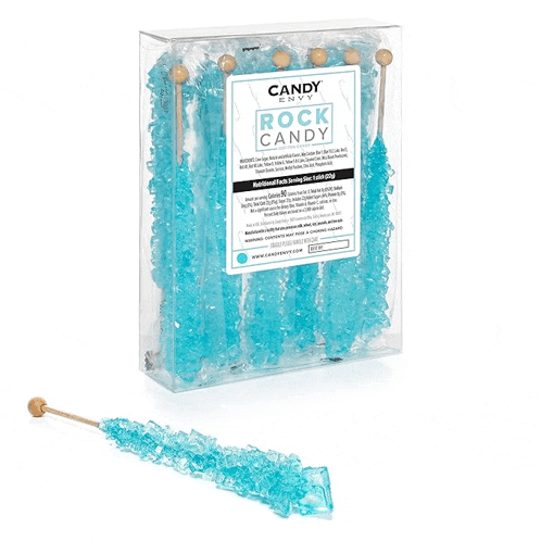 a box of blue rock candy with a label that says candy on it