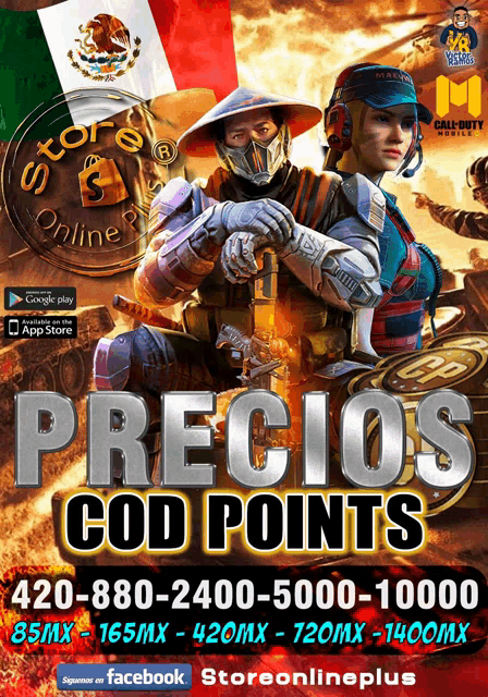 a poster that says precios cod points with a man and woman on it