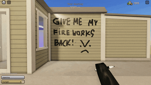 a screenshot of a video game that says give me my fire works back