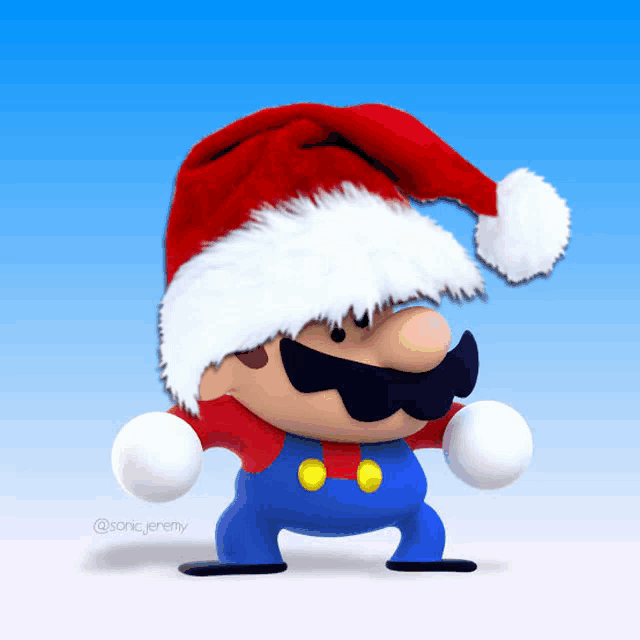 a cartoon mario wearing a santa hat and blue pants