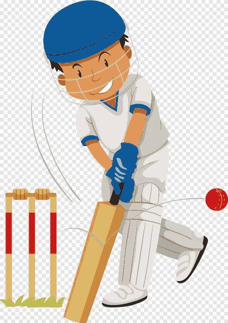 a cartoon of a boy playing cricket with a bat