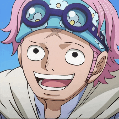 a cartoon character with pink hair and goggles on his head is smiling