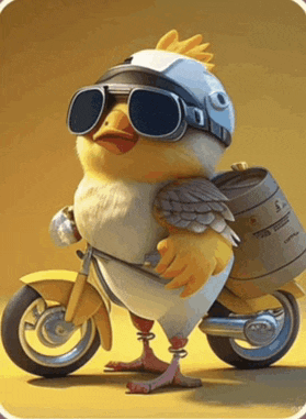 a cartoon chicken wearing goggles and a helmet is riding a motorcycle