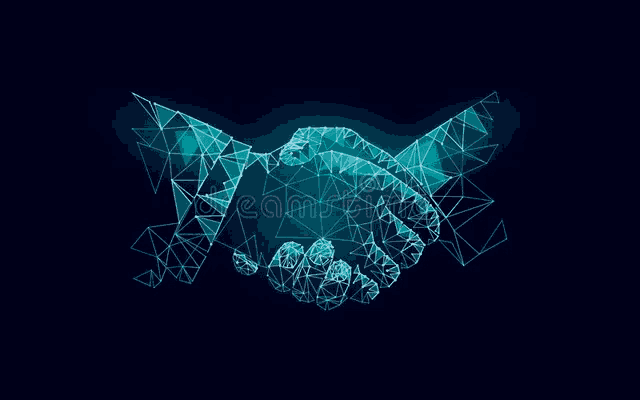 a handshake between two people made of lines and dots on a dark background .