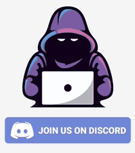 a cartoon of a man in a purple hoodie holding a laptop with a join us on discord button below it