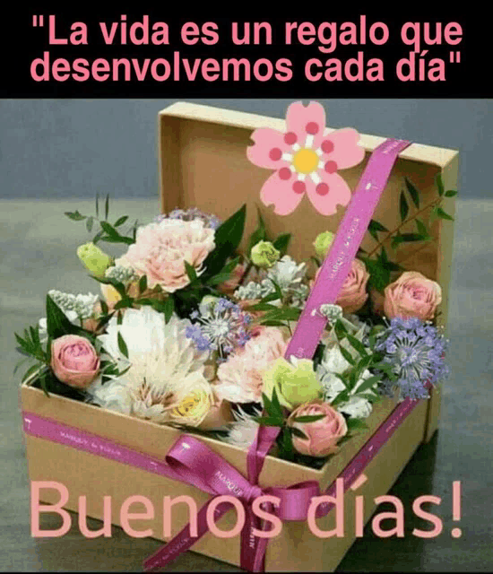 a box of flowers with a pink ribbon and the words buenos dias