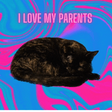 a cat is laying down on a colorful background with the words " i love my parents " above it