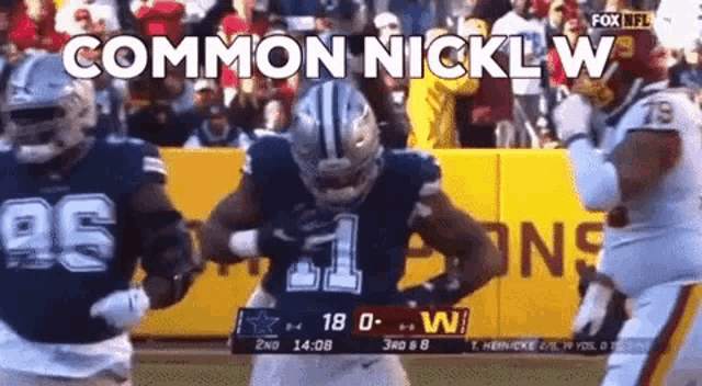 a football player is running on the field with the words `` common nicklw '' written on the screen .