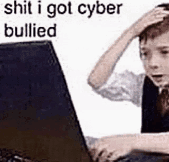 a young boy is sitting in front of a laptop computer with his hands on his head .