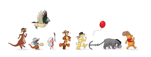 a group of winnie the pooh characters are lined up in a line