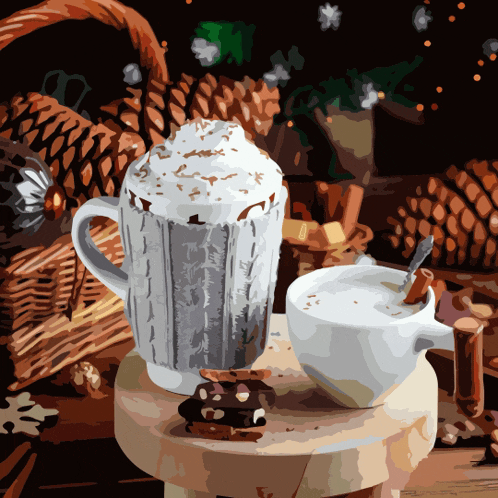 a painting of a cup of hot chocolate and a cup of cappuccino