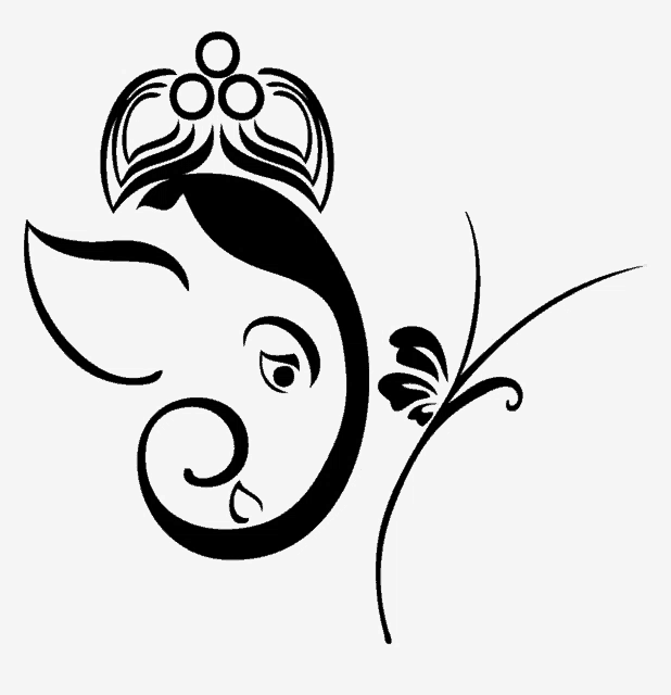 a black and white drawing of a elephant with a crown