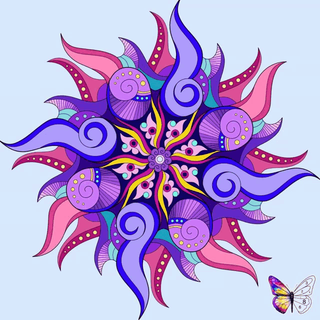 a colorful circular design with a butterfly flying around it