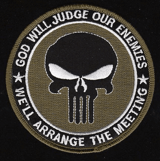 a punisher patch that says god will judge our enemies